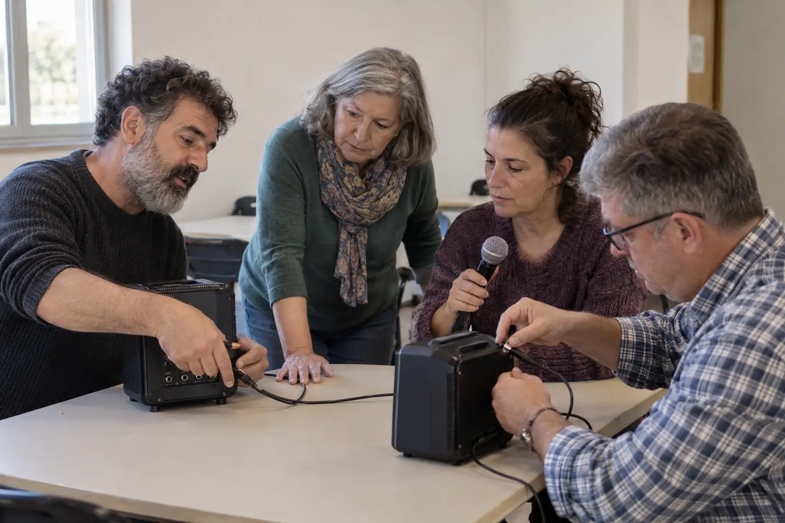 Recreación editorial de personas adultas compartiendo un aprendizaje práctico
