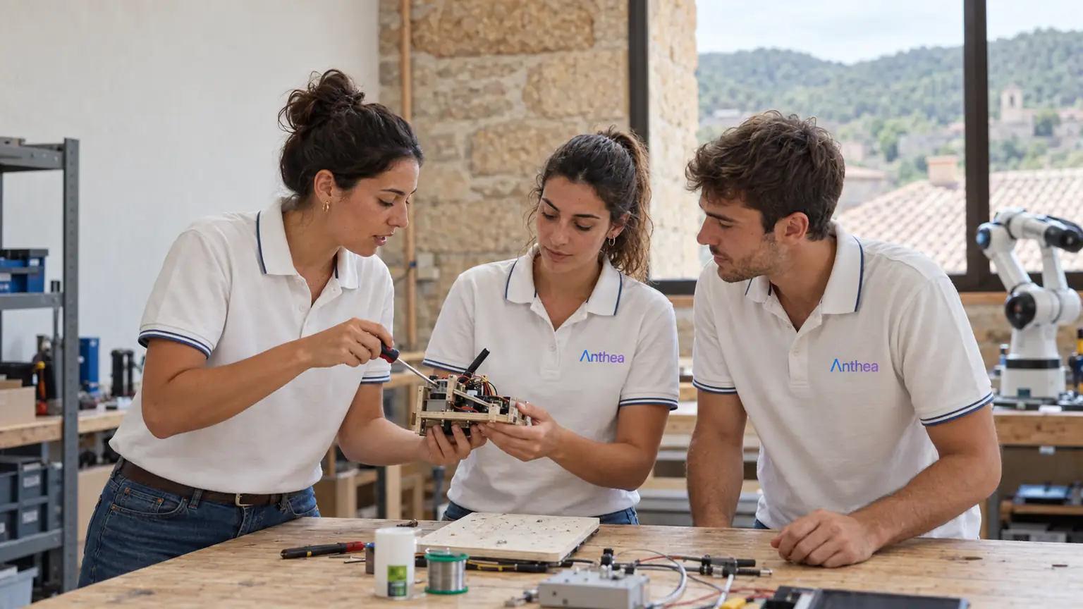 Recreación editorial de tres jóvenes con polos de Anthea experimentando con tecnología; un robot queda en segundo plano