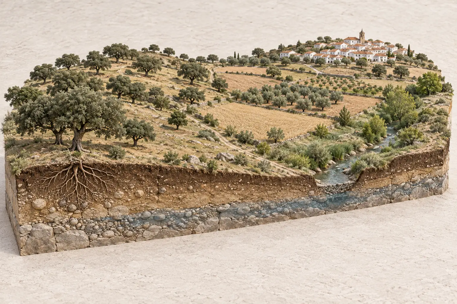 Render de una dehesa, cultivos y un núcleo de población; el corte del terreno muestra raíces, suelo y agua