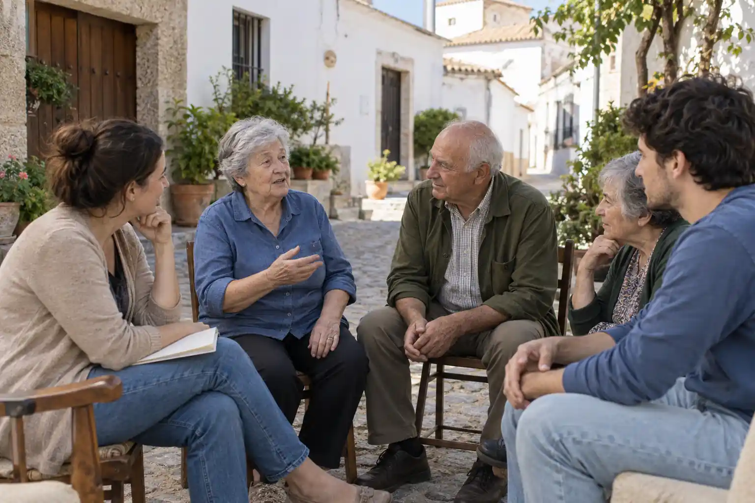 Recreación editorial de vecinas y vecinos de distintas generaciones organizando una actividad comunitaria, con una mujer mayor tomando la palabra