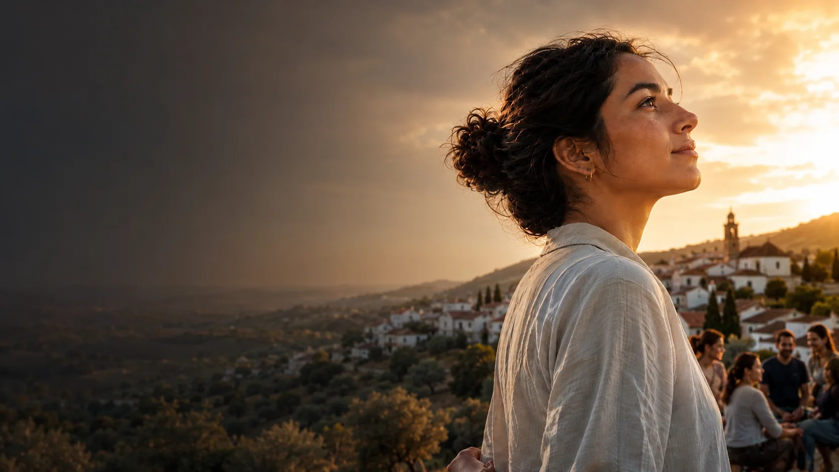 Una mujer contempla un territorio rural al atardecer